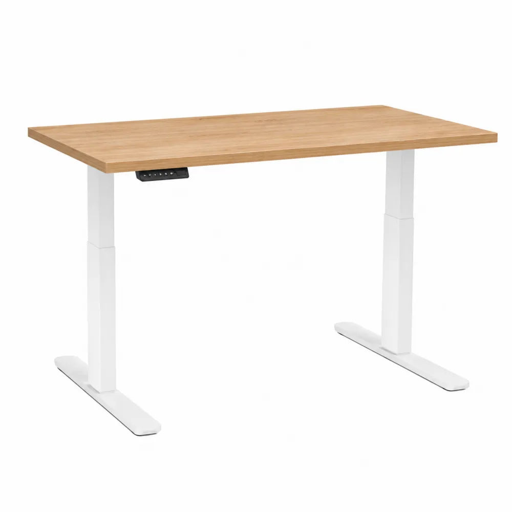 Bureau assis debout électrique réglable 120 x 60 x 72-118 cm plateau en chêne clair piètement en acier blanc réglable