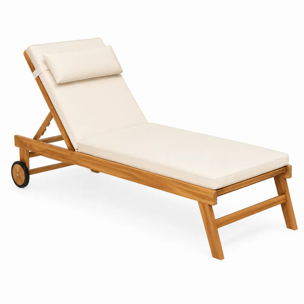Chaise longue de jardin inclinable pliante en bois d’acacia naturel avec coussin beige et roues 200 x 65 x 85 cm