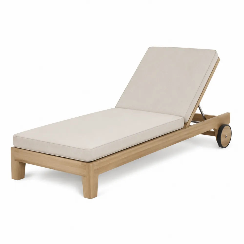 Bain de soleil de jardin en bois d'acacia naturel avec coussin beige et roues inclinable