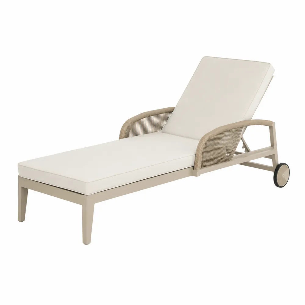 Bain de soleil inclinable à roulettes en aluminium thermolaqué beige et cordage PE avec coussin écru 200 cm x 72 cm x 95 cm