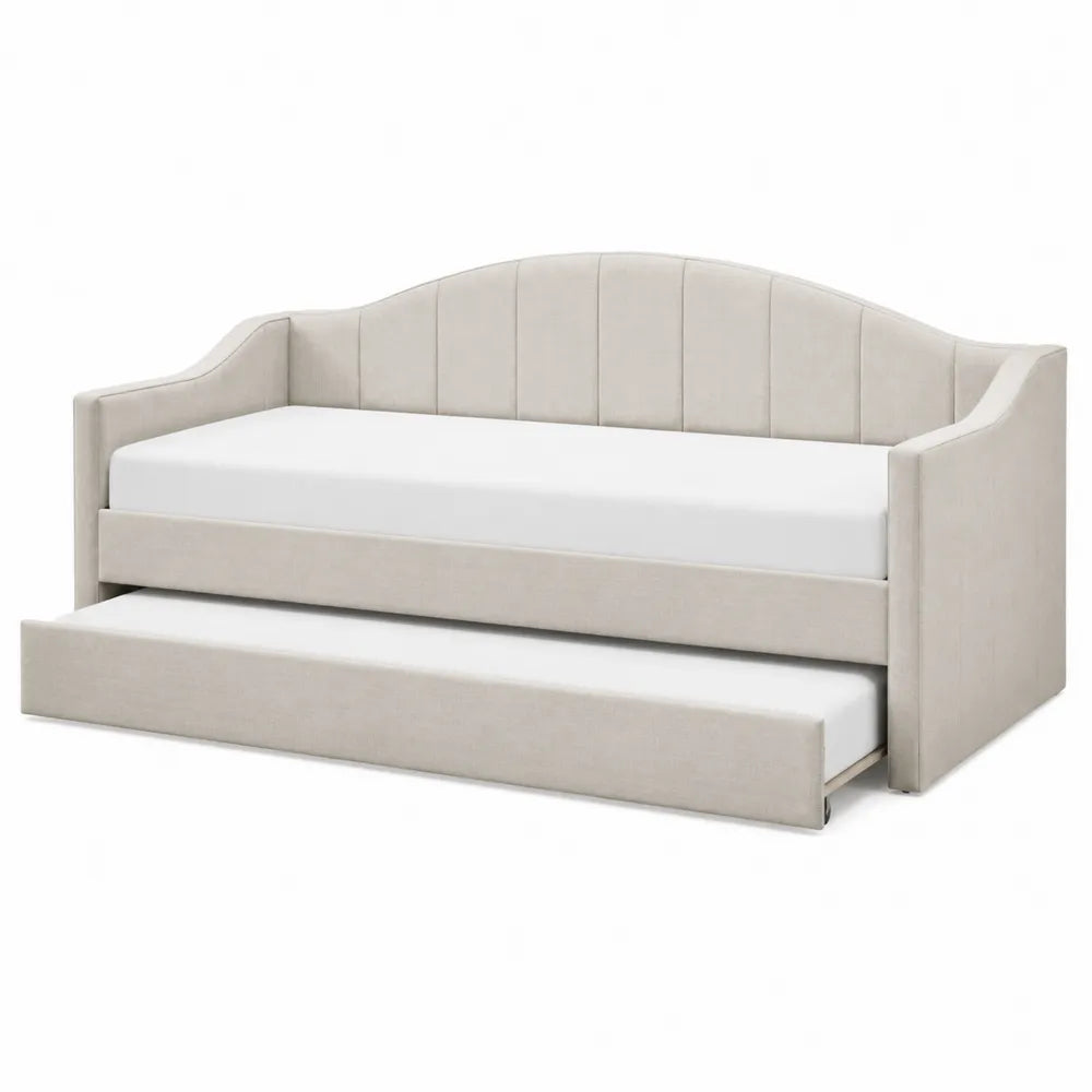 Lit de jour gigogne 2 couchages avec accoudoirs 210 cm x 98 cm x 86 cm structure MDF contreplaqué revêtement polyester beige