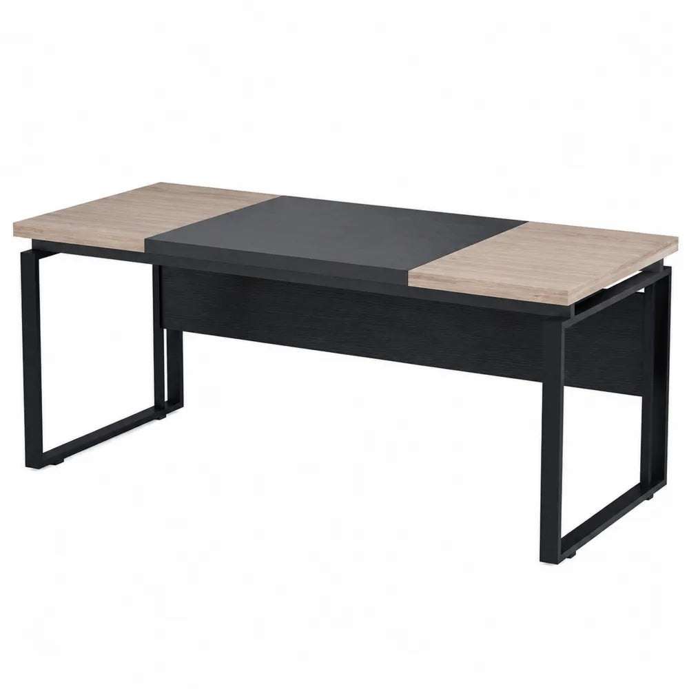Bureau rectangulaire 160 x 60 x 75 cm panneau de particules mélaminé chêne clair noir cadre acier noir