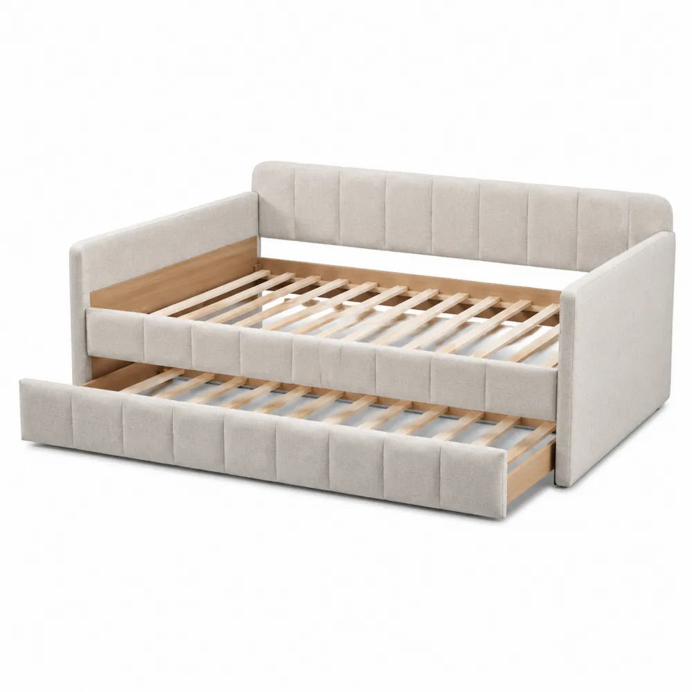 Lit de jour gigogne 2 couchages 212 x 98 x 86 cm polyester écru structure MDF et bois avec sommier à lattes