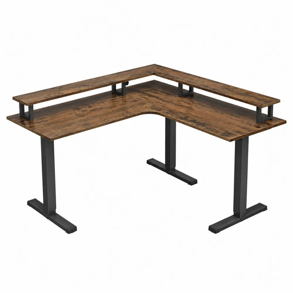 Bureau d’angle en L 160 x 160 x 91 cm panneau mélaminé décor noyer brun avec rehausse et structure acier noir
