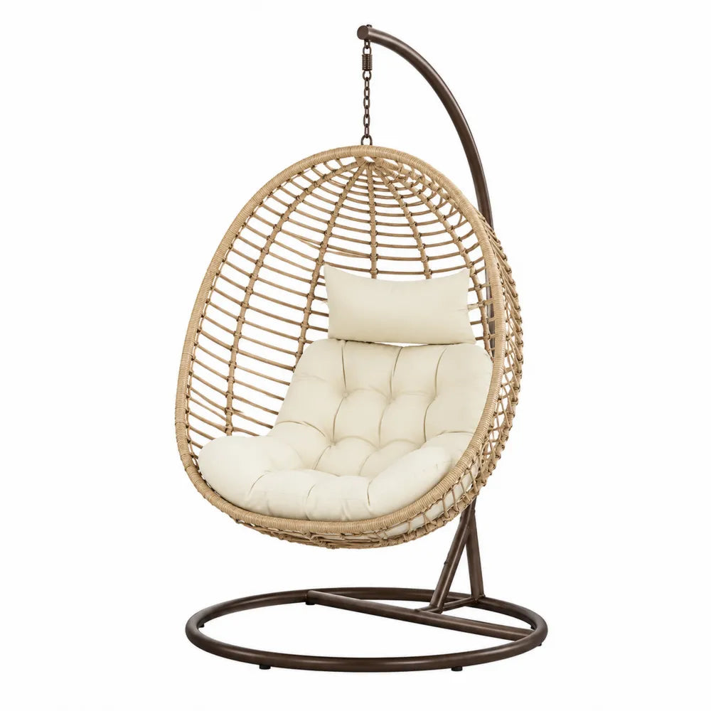 Fauteuil suspendu œuf de jardin avec support acier résine tressée PE beige coussins écrus 105 cm x 105 cm x 195 cm