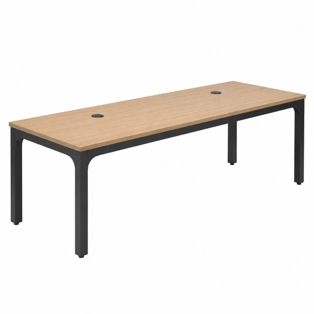 Bureau rectangulaire avec passe-câbles 160 x 70 x 75 cm plateau en mélaminé effet chêne clair piètement en acier noir