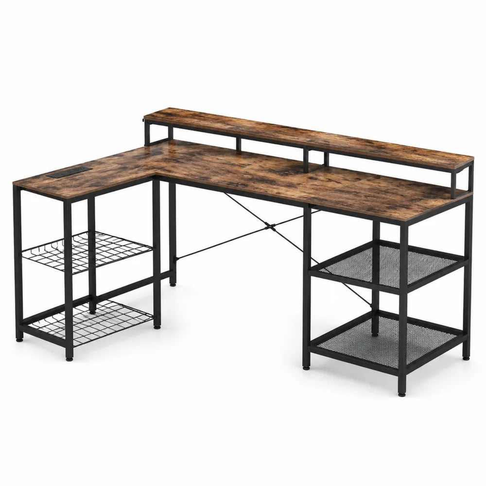 Bureau d’angle en L 180 x 150 x 91 cm plateau effet bois rustique et structure acier noir avec étagères et passe-câbles