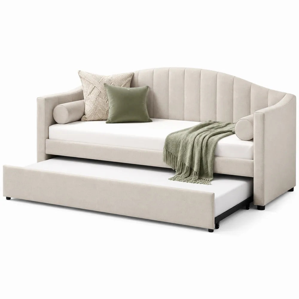 Lit de jour gigogne 2 couchages 215 x 100 x 87 cm revêtement polyester beige structure MDF et contreplaqué avec sommier à lattes