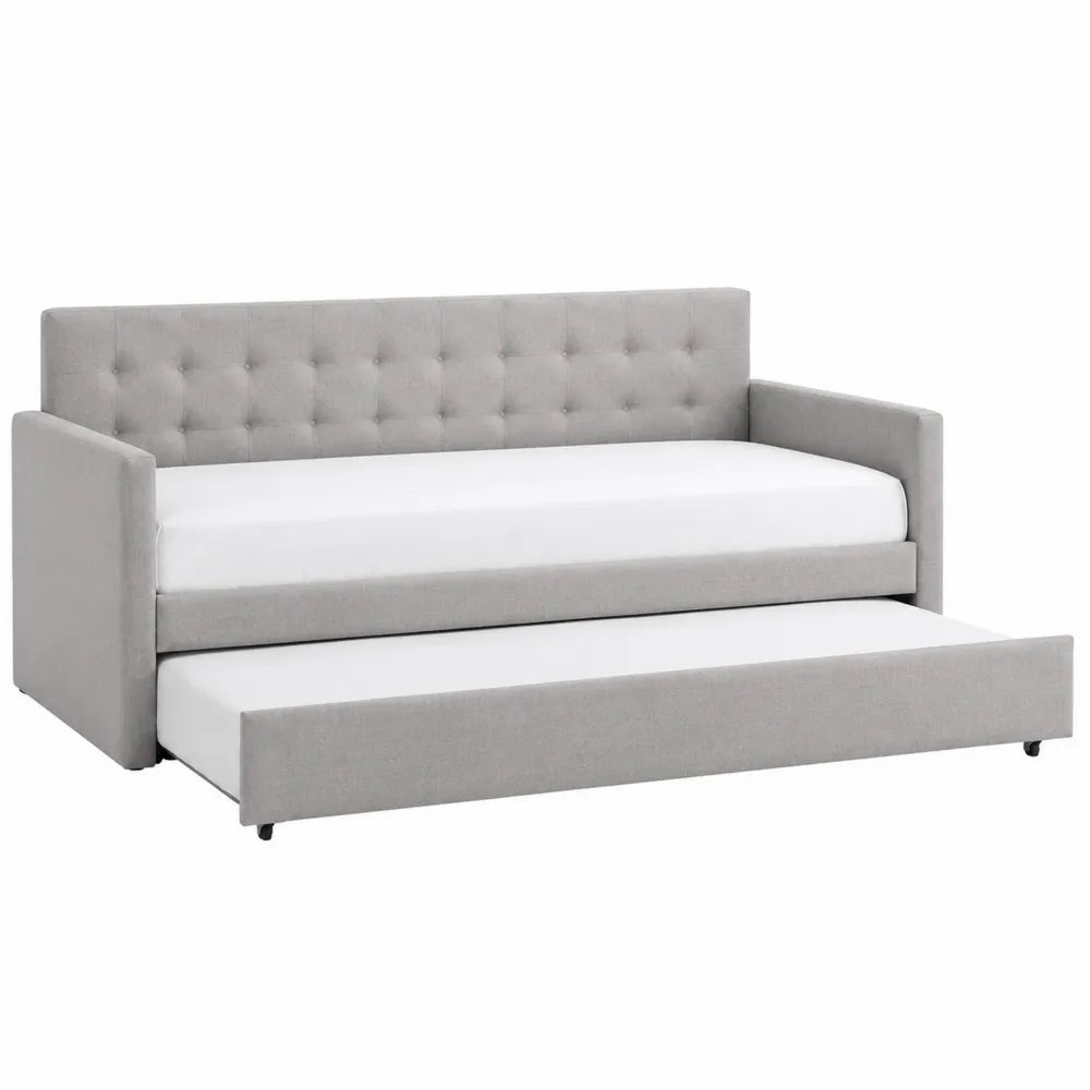 Lit de jour gigogne avec 2 couchages 210 cm x 100 cm x 88 cm structure MDF contreplaqué revêtement polyester gris