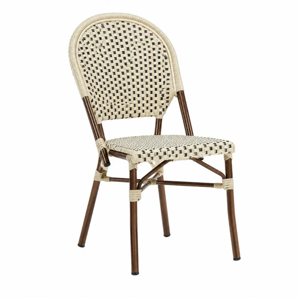 Chaise bistrot de jardin sans accoudoirs en aluminium effet bambou et résine tressée PE beige noir 48 cm x 56 cm x 88 cm