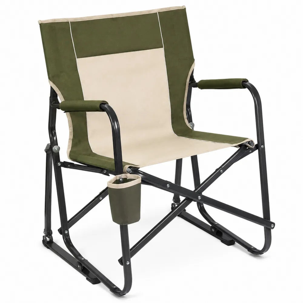 Chaise de jardin pliante avec porte-gobelet acier noir toile polyester vert kaki et écru 82 cm x 60 cm x 88 cm
