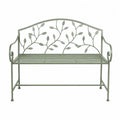Banc de jardin 2 places en acier peint vert sauge dossier motif feuillage ajouré 127 cm x 54 cm x 93 cm