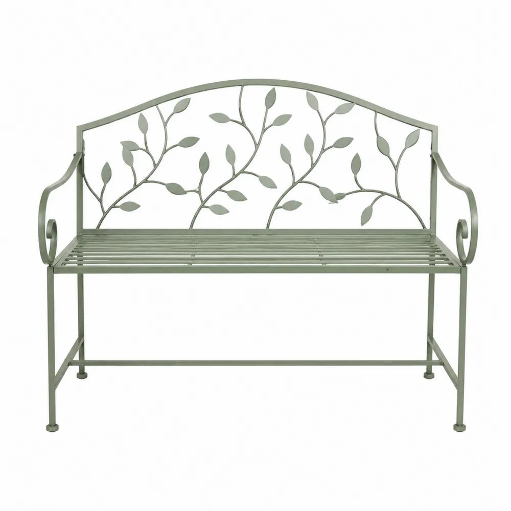 Banc de jardin 2 places en acier peint vert sauge dossier motif feuillage ajouré 127 cm x 54 cm x 93 cm