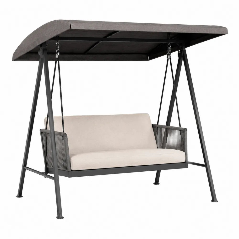 Balancelle de jardin suspendue avec auvent 3 places en acier noir et coussins beige 200 cm x 120 cm x 170 cm
