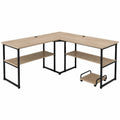 Bureau d’angle en L avec étagères et caisson mobile 150 x 150 x 75 cm plateau en panneau mélaminé chêne clair et structure en acier noir