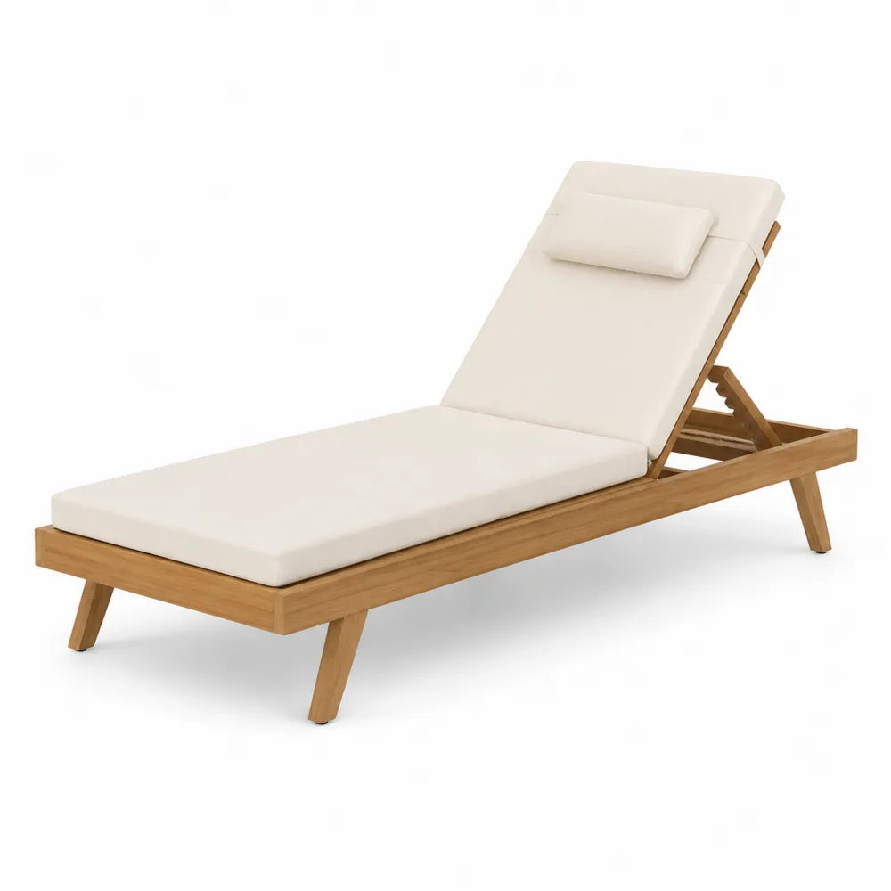 Bain de soleil de jardin réglable en bois d’acacia avec coussin beige 200 cm x 70 cm x 85 cm