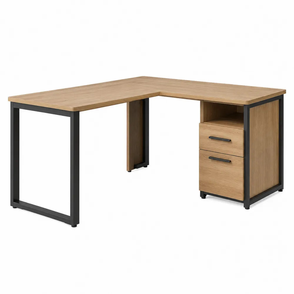 Bureau d’angle en L avec caisson et rangements 140 x 120 x 75 cm plateau chêne clair et structure acier noir